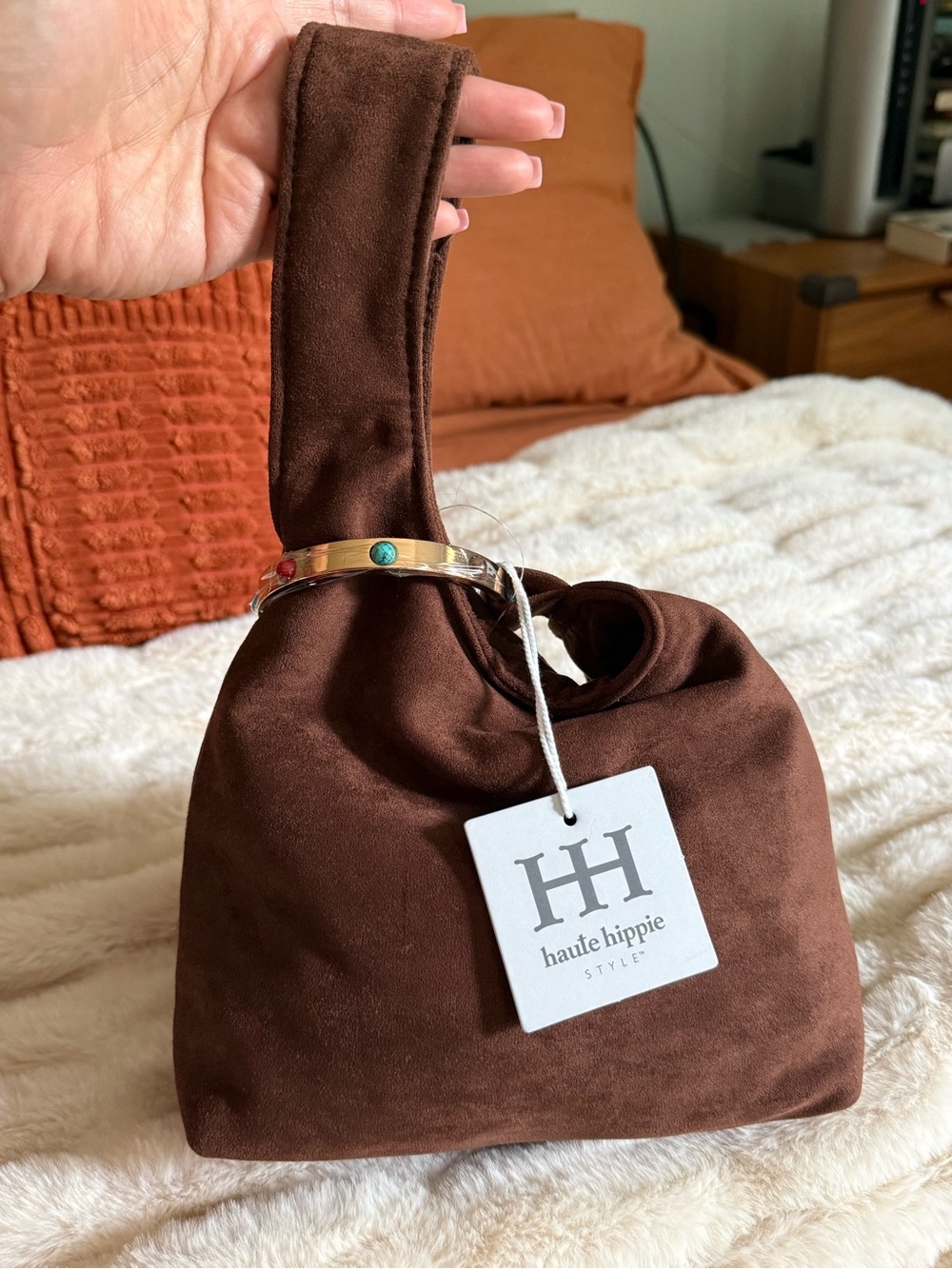 Haute Hippie Chocolate Brown Suede Wristlet with Gold Bangle Accent